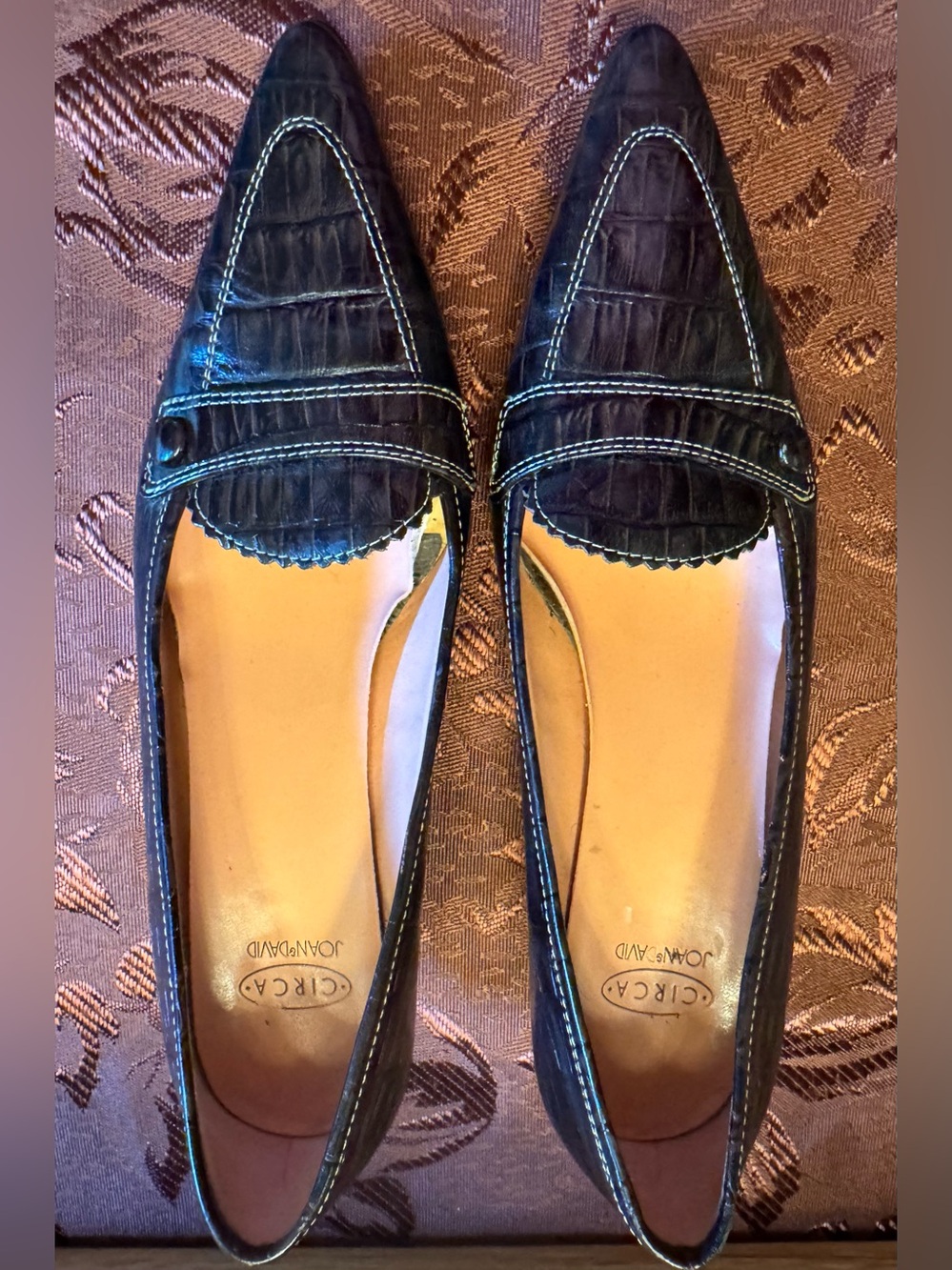 Circa Joan & David Vintage Brown Leather Crocodile Pointed Toe Kitten Heel Sz 7